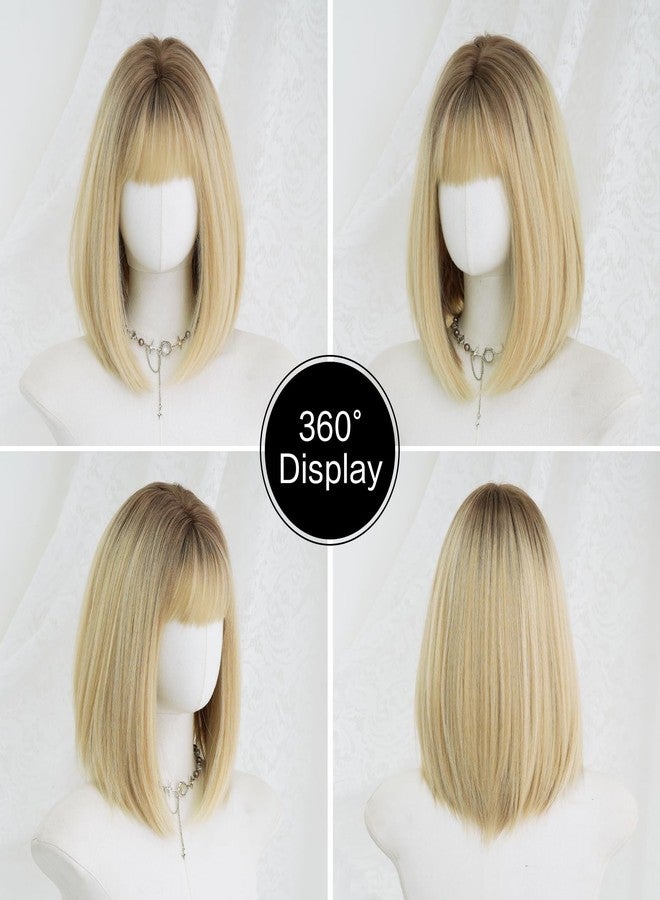 7JHH WIGS 7JHHWIGS 13in Blonde Bob Bangs Wigs Natural Mixed Blonde Heat Resistant Synthetic Fiber Women Wigs for Chrismas Daily Party Daily Used - Image 5